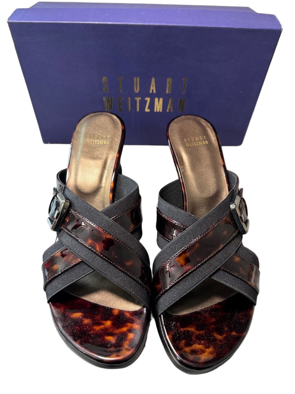 Stuart Weitzman Dark Tortoiseshell Brown Wedge Slide Sandals Size 9.5 with Box - Picture 2 of 5